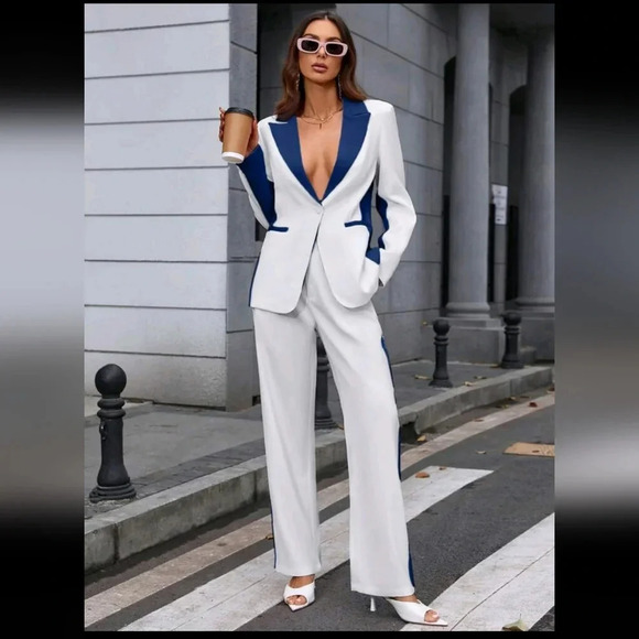 Women's Color Block Lapel Collar Long Sleeve Jacket And Trouser Suit Set - Picture 1 of 6